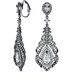 Bridal Fashion Vintage Art Deco Style Teardrop Shaped Halo AAA Cubic Zirconia Clear or Royal Blue Statement Elegant Chandelier Clip On Earrings For Women Wedding Prom Silver Plated
