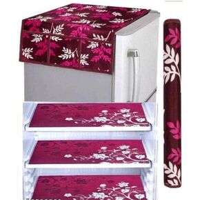 Super Designer 1 Cotton Fridge Cover,3 Pvc Mat, 1 Cotton Handle Cover,fridge Cover Set Combo (5pcs Set) Fridge Cover, Pink Leaf Design