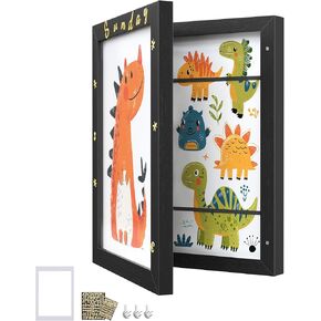 SONGMICS Kids Artwork Frame Changeable, A4, 8.5x11 Art Picture Frame Display for Room Decor, Each Storage up to 150 Drawings, with Mat, Stickers, Non-Trace Nails, MDF, Glass, Ash Black