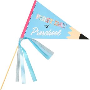 First Day of Preschool Flag, Pennant Banner Flags with Ribbons and Wood Stick Festive Party Pennants Cheerful Kindergarten Flag Decorative Preschool Banner for First Day of School Decorations