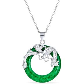 Bling Jewelry Asian Style Open Round Circle Disc Red Green Dyed Jade Dragon Pendant Necklace For Women .925 Sterling Silver 18 Inch