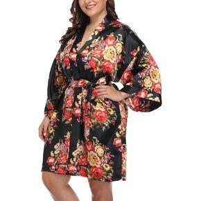 Women's Plus Size Robes Floral Satin Kimono Robe Bride Bridesmaid Getting Ready Robe Sleepwear for Wedding Party
