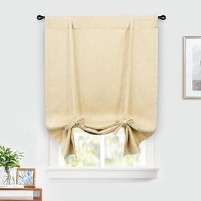 DriftAway Faux Linen Textured Solid Color Blackout Tie Up Curtain for Kitchen Decorative Adjustable Balloon Rod Pocket Window Linen Curtains for Small Window 31 Inch by 47 Inch Beige