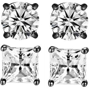 CVAYU 2 Pairs Hypoallergenic Mens Black CZ Stud Earrings Stainless Steel Princess Square Cut Cubic Zirconia Earring Studs for Sensitive Ears 6mm