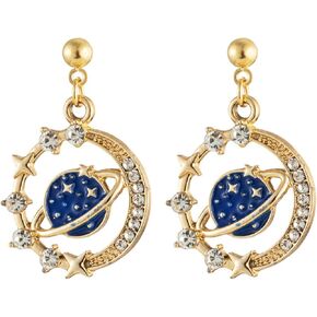 Star Moon Earth Earrings for Women Girls Gold Silver Plated Shiny Rhinestone Cubic Zirconia Creative Enamel Blue Saturn Planet Meteor Celestial Pendant Dangle Drop Earrings for Fashion Jewelry Gifts