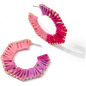 Rainbow Raffia Rattan Statement Hoop Rainbow Colorful Earrings For Women Handmade Straw Beach Summer Fashion Boho Earrings Fashion Gifts For Girls