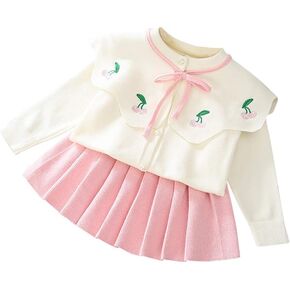 Toddler Baby Girls Autumn Winter Clothes Knitted Button up Long Sleeve Ruffle Bowknot Sweater Tops+Pleated Mini Tutu Skirt 2pcs Outfit Princess Dress up Costume for Kids Yellow-Cherry 4-5 Years