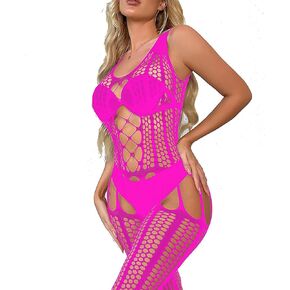 Women's Mesh Lingerie Hot Pink Fishnet Babydoll Mini Dress Free Size Bodysuit See Through Shirts Hot Pink