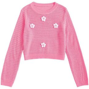 ZAFUL Women's Floral Applique Crochet Sweater Kawaii Long Sleeve Knitted Crewneck Pullover Tops