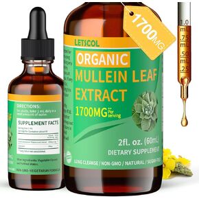 Organic Mullein Drops for Lung Cleanse, Powerful 1700mg Mullein Leaf Extract for Immune & Respiratory Support, Natural Mullein Supplement Tincture Drops Non-GMO & Vegan, 2 Fl Oz