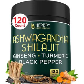 Ashwagandha Shilajit for Extra Strength and Stamina, Energy Production, Relaxation, Healthy Mind & Heart - 16100mg with Panax Ginseng, Turmeric Curcumin & Black Pepper - 120 Vegan Capsules