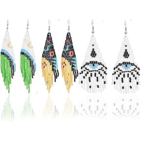 Long Beaded Tassel Dangle Earrings Handmade Bohemian Multicolor Statement Seed Beads Drop Earrings for Women