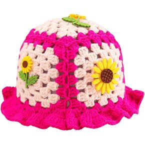 QWINEE Women's 3D Floral Colorblock Crochet Bucket Hat Handmade Floral Foldable Knitted Hats