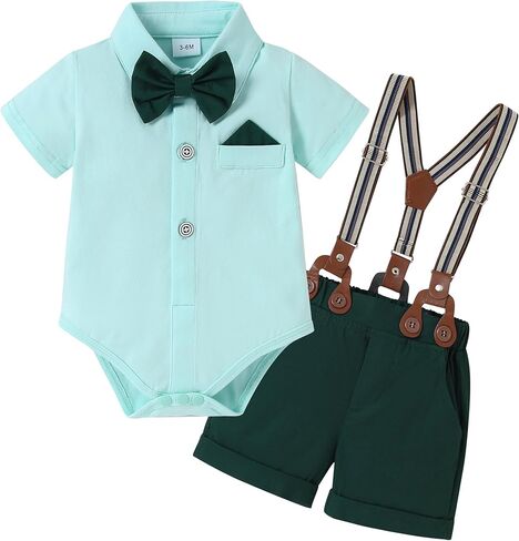 YUEMION Infant Baby Boy Clothes Gentleman Outfits Suits Summer Short Sleeve Bowtie Bodysuit Shirts + Suspender Shorts(0-24M) in Saudi Arabia