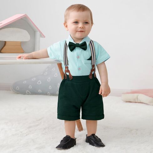 YUEMION Infant Baby Boy Clothes Gentleman Outfits Suits Summer Short Sleeve Bowtie Bodysuit Shirts + Suspender Shorts(0-24M) in Saudi Arabia