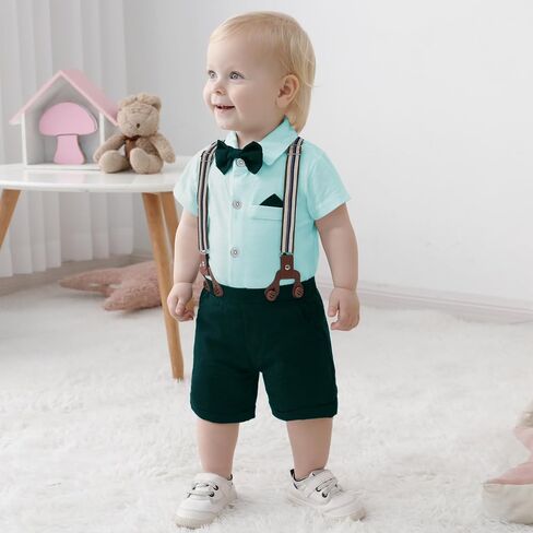 YUEMION Infant Baby Boy Clothes Gentleman Outfits Suits Summer Short Sleeve Bowtie Bodysuit Shirts + Suspender Shorts(0-24M) in Saudi Arabia