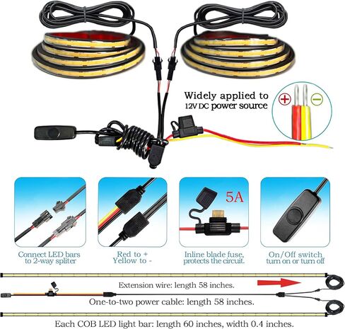 LED Truck Bed Lights, 60 Inches, 2 Pack, COB 1584 LEDs, 6500K,12V, 30W, Waterproof, with Switch, 5A Fuse Holder, Easy Install, Ideal for Truck Cargo Lighting in Kuwait