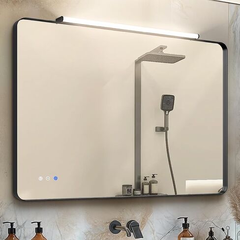 40x30 Black Bathroom Mirror with Front Lights, Anti-Fog, Dimmable, Wall-Mounted Vanity Mirror with LED Lights, Three Colors, Memory,Waterproof, Shatterproof, Horizontal/Vertical in Saudi Arabia