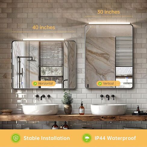 40x30 Black Bathroom Mirror with Front Lights, Anti-Fog, Dimmable, Wall-Mounted Vanity Mirror with LED Lights, Three Colors, Memory,Waterproof, Shatterproof, Horizontal/Vertical in Saudi Arabia