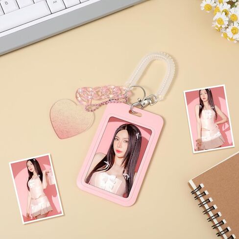 Amaxiu 3 Inch Acrylic Kpop Photocard Holder, Photocard Display Frame Kpop Photocard Stand Kpop Photocard Organizer with Keychain Love Heart Pendant for Tabletop Decor (Pink) in Kuwait