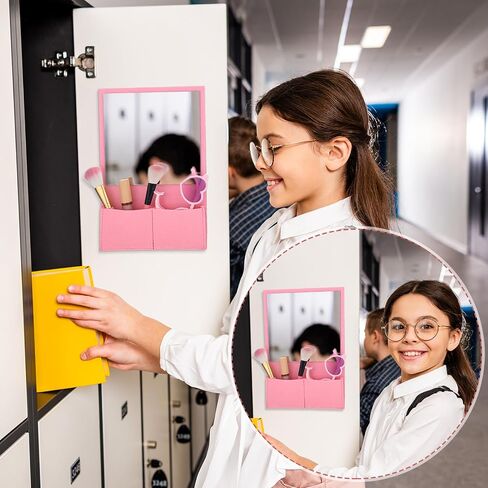 Magnetic Locker Mirror Locker Accessories 7 x 6.7 Inch Magnet Mirror with Holder Bag Locker Organizer Decorations for Locker Office Cabinet Bathroom Refrigerator(Pink) in Saudi Arabia
