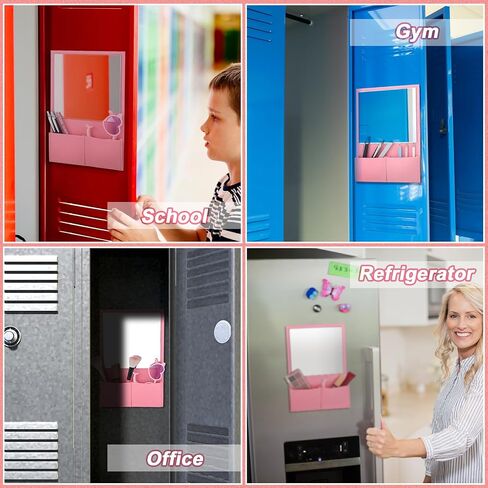 Magnetic Locker Mirror Locker Accessories 7 x 6.7 Inch Magnet Mirror with Holder Bag Locker Organizer Decorations for Locker Office Cabinet Bathroom Refrigerator(Pink) in Saudi Arabia