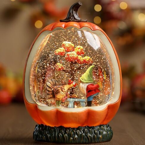 Fall Snow Globe Pumpkin Fall Decorations for Home, Gnome Snow Globe with Turkey Swirling Glitter Timer, Lighted Thanksgiving Decor Indoor Fall Decor, USB or Battery Operated in Saudi Arabia