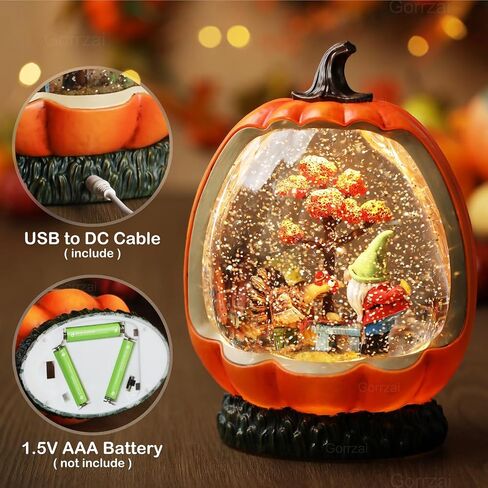 Fall Snow Globe Pumpkin Fall Decorations for Home, Gnome Snow Globe with Turkey Swirling Glitter Timer, Lighted Thanksgiving Decor Indoor Fall Decor, USB or Battery Operated in Saudi Arabia