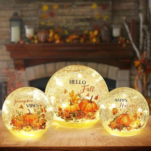 NEEDOMO Fall Decorations for Home, Set of 3 Crackle Glass Ball with LED Lights for Fall Table Decor, Lighted Globes Autumn Centerpieces with Timer for Indoor Tabletop Mantel Thanksgiving Decorations in Saudi Arabia