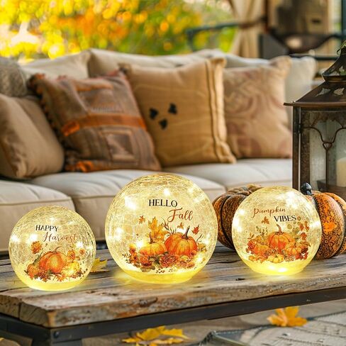 NEEDOMO Fall Decorations for Home, Set of 3 Crackle Glass Ball with LED Lights for Fall Table Decor, Lighted Globes Autumn Centerpieces with Timer for Indoor Tabletop Mantel Thanksgiving Decorations in Saudi Arabia