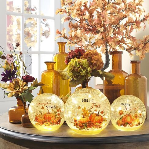 NEEDOMO Fall Decorations for Home, Set of 3 Crackle Glass Ball with LED Lights for Fall Table Decor, Lighted Globes Autumn Centerpieces with Timer for Indoor Tabletop Mantel Thanksgiving Decorations in Saudi Arabia