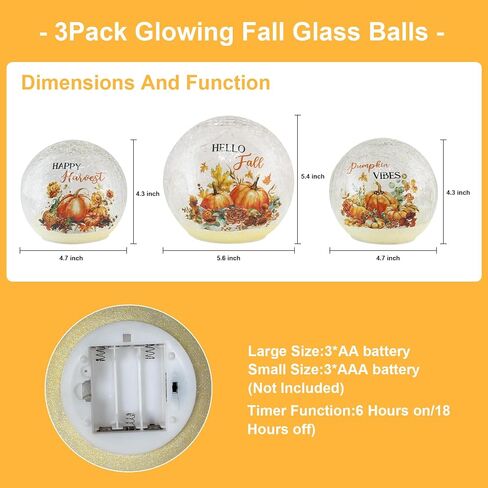 NEEDOMO Fall Decorations for Home, Set of 3 Crackle Glass Ball with LED Lights for Fall Table Decor, Lighted Globes Autumn Centerpieces with Timer for Indoor Tabletop Mantel Thanksgiving Decorations in Saudi Arabia