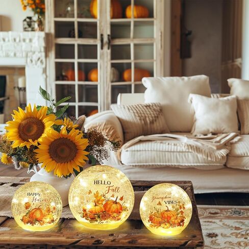 NEEDOMO Fall Decorations for Home, Set of 3 Crackle Glass Ball with LED Lights for Fall Table Decor, Lighted Globes Autumn Centerpieces with Timer for Indoor Tabletop Mantel Thanksgiving Decorations in Saudi Arabia
