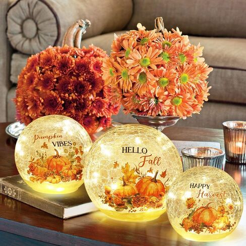 NEEDOMO Fall Decorations for Home, Set of 3 Crackle Glass Ball with LED Lights for Fall Table Decor, Lighted Globes Autumn Centerpieces with Timer for Indoor Tabletop Mantel Thanksgiving Decorations in Saudi Arabia