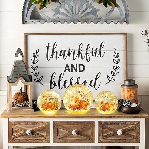 NEEDOMO Fall Decorations for Home, Set of 3 Crackle Glass Ball with LED Lights for Fall Table Decor, Lighted Globes Autumn Centerpieces with Timer for Indoor Tabletop Mantel Thanksgiving Decorations in Saudi Arabia