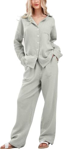 codcm Womens Pajama Sets Cotton Pj Set Cute Heart Print Long Sleeve Button Down Shirt With Long Pants in Saudi Arabia