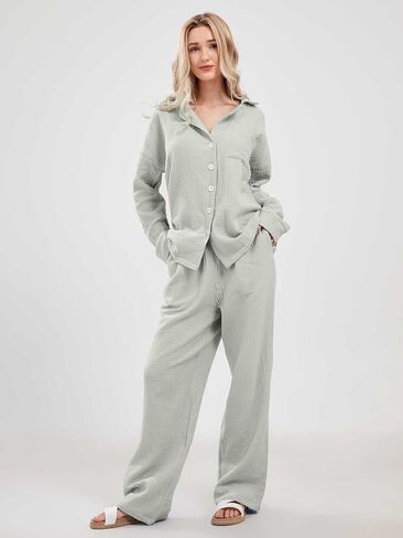 codcm Womens Pajama Sets Cotton Pj Set Cute Heart Print Long Sleeve Button Down Shirt With Long Pants in Saudi Arabia
