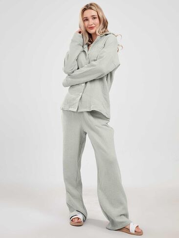 codcm Womens Pajama Sets Cotton Pj Set Cute Heart Print Long Sleeve Button Down Shirt With Long Pants in Saudi Arabia