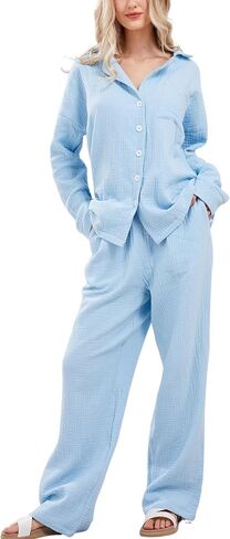 codcm Womens Pajama Sets Cotton Pj Set Cute Heart Print Long Sleeve Button Down Shirt With Long Pants in Saudi Arabia