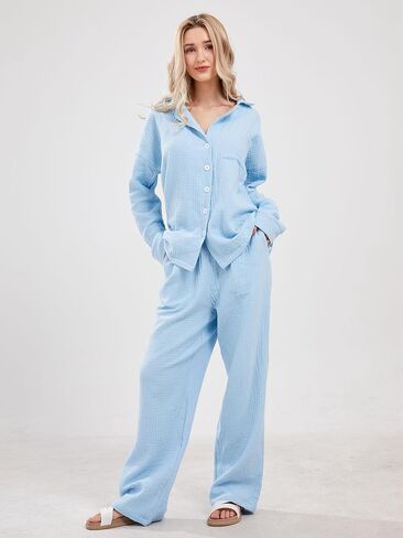 codcm Womens Pajama Sets Cotton Pj Set Cute Heart Print Long Sleeve Button Down Shirt With Long Pants in Saudi Arabia