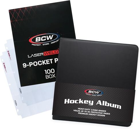 BCW 3-inch Sports Collectors Album - Hockey & BCW LaserWeld 9 Pocket Pages - 100 Page Box | Premium Binder with Ultra Flat Clear Pocket Pages | Ideal for Organizing Sports Cards and Gaming Cards in Saudi Arabia