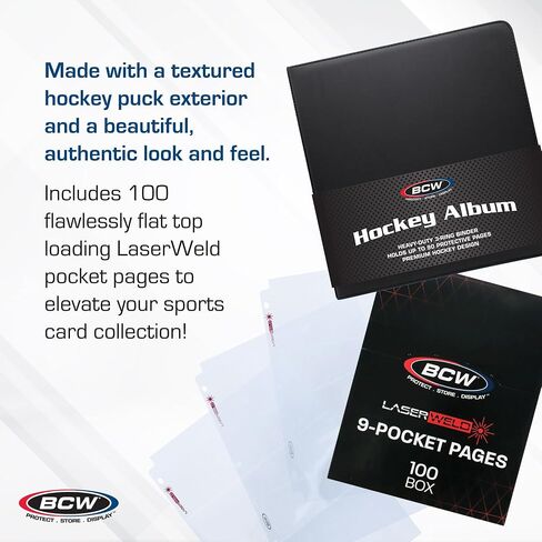 BCW 3-inch Sports Collectors Album - Hockey & BCW LaserWeld 9 Pocket Pages - 100 Page Box | Premium Binder with Ultra Flat Clear Pocket Pages | Ideal for Organizing Sports Cards and Gaming Cards in Saudi Arabia