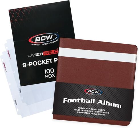 BCW 3-inch Sports Collectors Album - Football & BCW LaserWeld 9 Pocket Pages - 100 Page Box | Premium Binder with Ultra Flat Clear Pocket Pages | Ideal for Organizing Sports Cards and Gaming Cards in Saudi Arabia