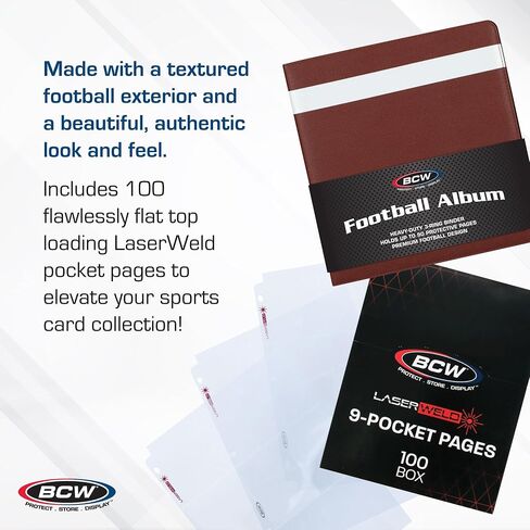 BCW 3-inch Sports Collectors Album - Football & BCW LaserWeld 9 Pocket Pages - 100 Page Box | Premium Binder with Ultra Flat Clear Pocket Pages | Ideal for Organizing Sports Cards and Gaming Cards in Saudi Arabia