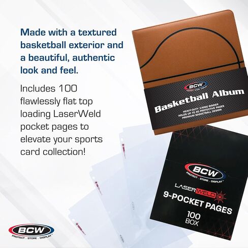 BCW Laserweld 9 Pocket Pages (100 Pack) & BCW 3-Inch Sports Collectors Album - Basketball | Ultra Flat, Clear Pocket Pages with 3" Binder for Trading Cards | Ideal for Basketball Card Collectors in Saudi Arabia
