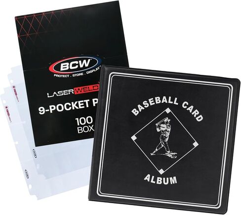 BCW Supplies Baseball 3" Album - Black & BCW LaserWeld 9 Pocket Pages - 100 Page Pack | Premium Durable Binder with Ultra Flat Clear Pocket Pages | Ideal for Baseball and Sports Card Collections in Saudi Arabia