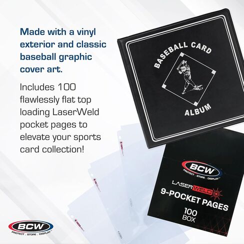 BCW Supplies Baseball 3" Album - Black & BCW LaserWeld 9 Pocket Pages - 100 Page Pack | Premium Durable Binder with Ultra Flat Clear Pocket Pages | Ideal for Baseball and Sports Card Collections in Saudi Arabia