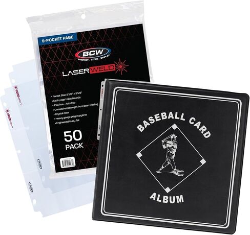 BCW LaserWeld 9 Pocket Pages (50 Pack) & BCW Supplies Baseball 3" Album - Black | Durable Binder and Ultra Flat Clear Pocket Pages for Trading Cards | Ideal for Baseball Card Collectors in Saudi Arabia