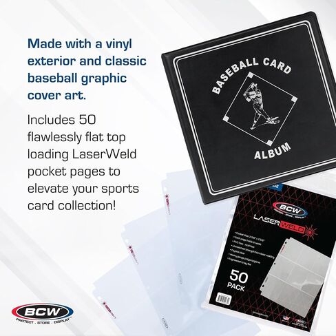 BCW LaserWeld 9 Pocket Pages (50 Pack) & BCW Supplies Baseball 3" Album - Black | Durable Binder and Ultra Flat Clear Pocket Pages for Trading Cards | Ideal for Baseball Card Collectors in Saudi Arabia