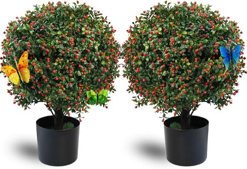 Artificial Boxwood Topiary Ball Tree 20.47" Tall Set of 2 simulated potted plants and 12 simulated butterflies ,Suitable for indoor outdoor home garden potted bushes UV protection potted plants (Red) in Saudi Arabia
